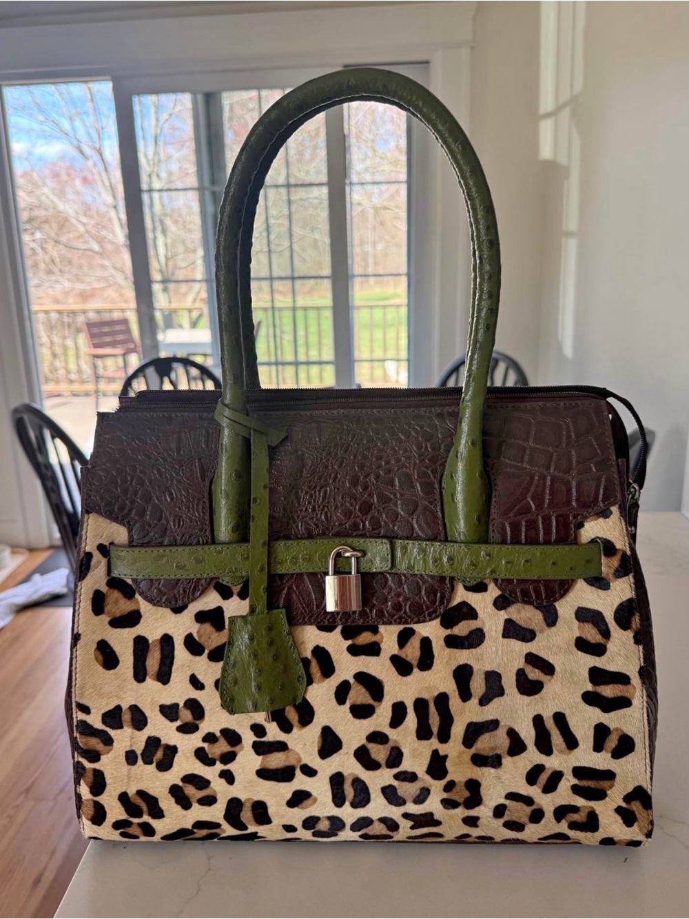 Vintage Green Handles Brown Leopard-Print Satchel